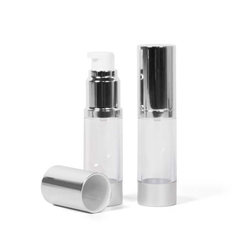 Frasco airless transparente, tapón de aluminio, 15 ml