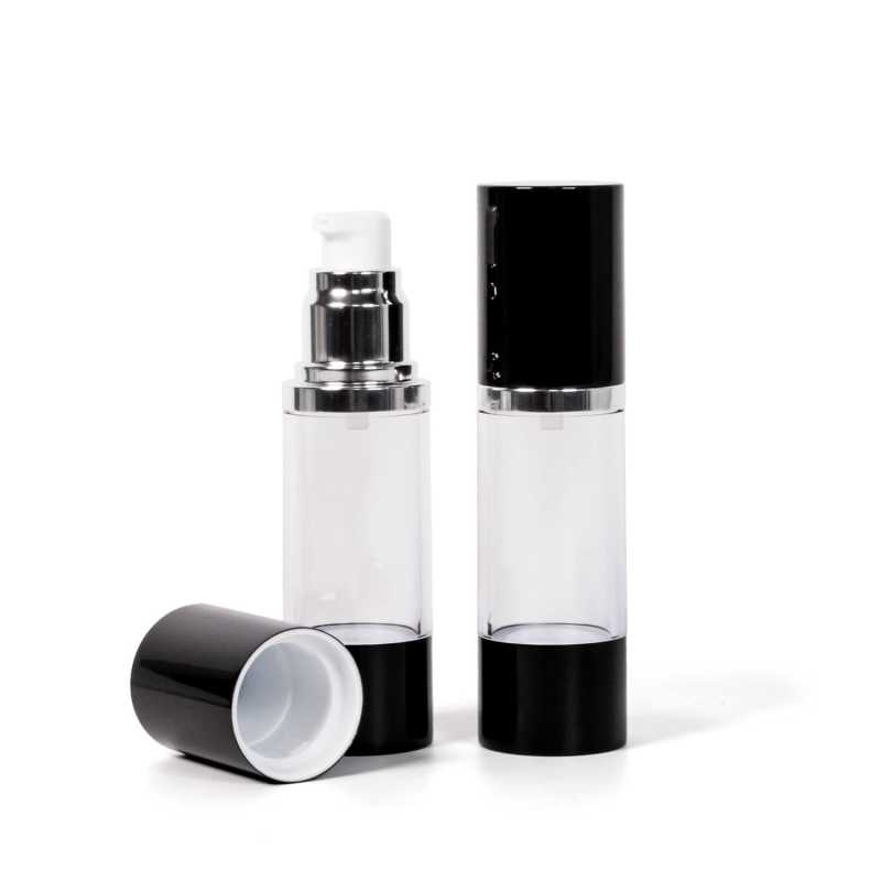Frasco airless transparente, sobretapa negra, 30 ml