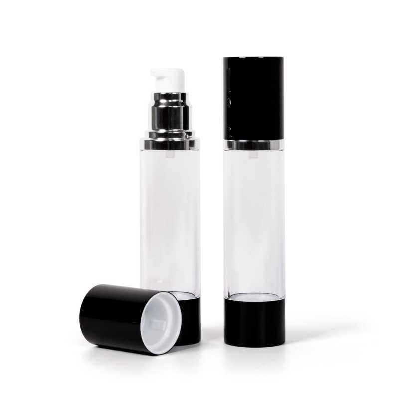 Frasco airless transparente, sobretapa negra, 45 ml