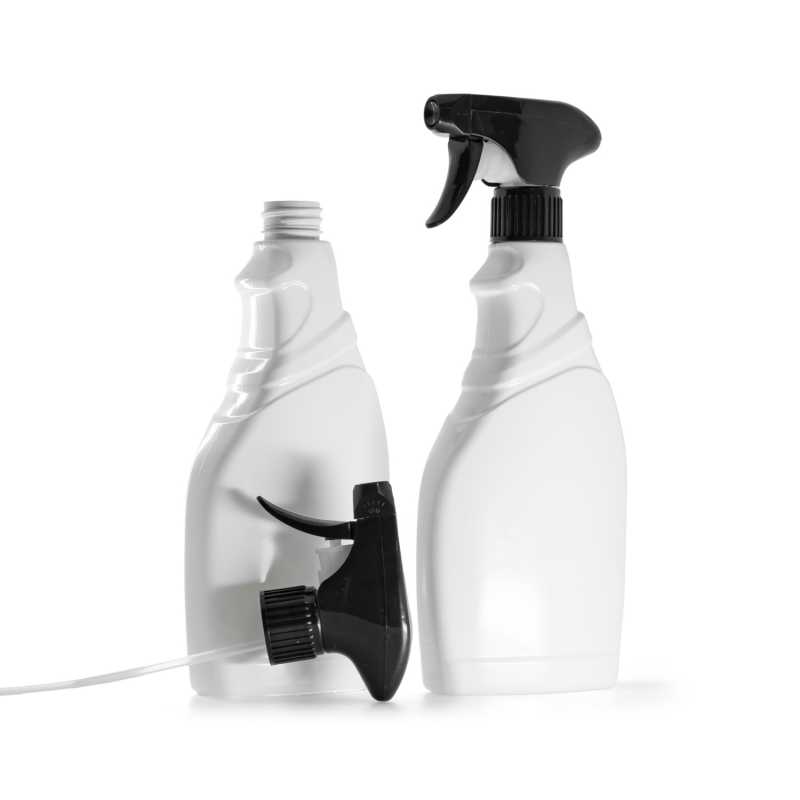 Botella de plástico para detergentes, blanca, pulverizador de gatillo negro, 500 ml