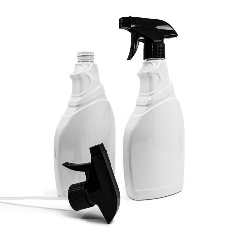 Botella de plástico blanca para detergentes, pulverizador negro, 500 ml