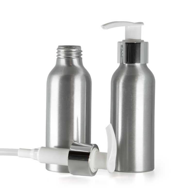 Botella de aluminio, bomba loción blanca con cuello liso plateado, 100 ml