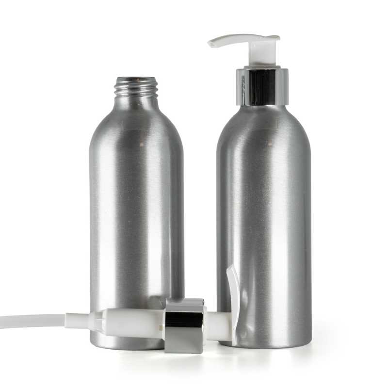 Botella de aluminio, bomba blanca con anillo plateado brillante, 200 ml