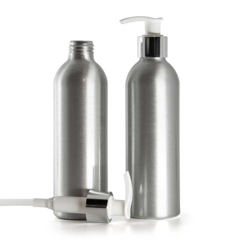 Botella de aluminio, bomba blanca con anillo plateado brillante, 225 ml