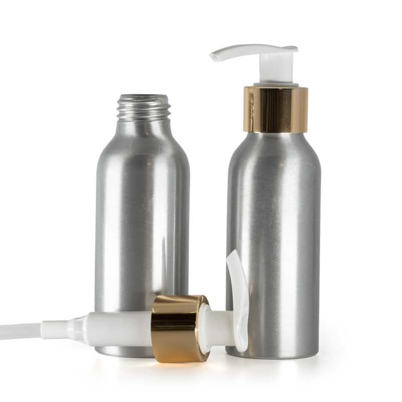 Botella de aluminio, bomba loción blanca con cuello liso dorado, 100 ml