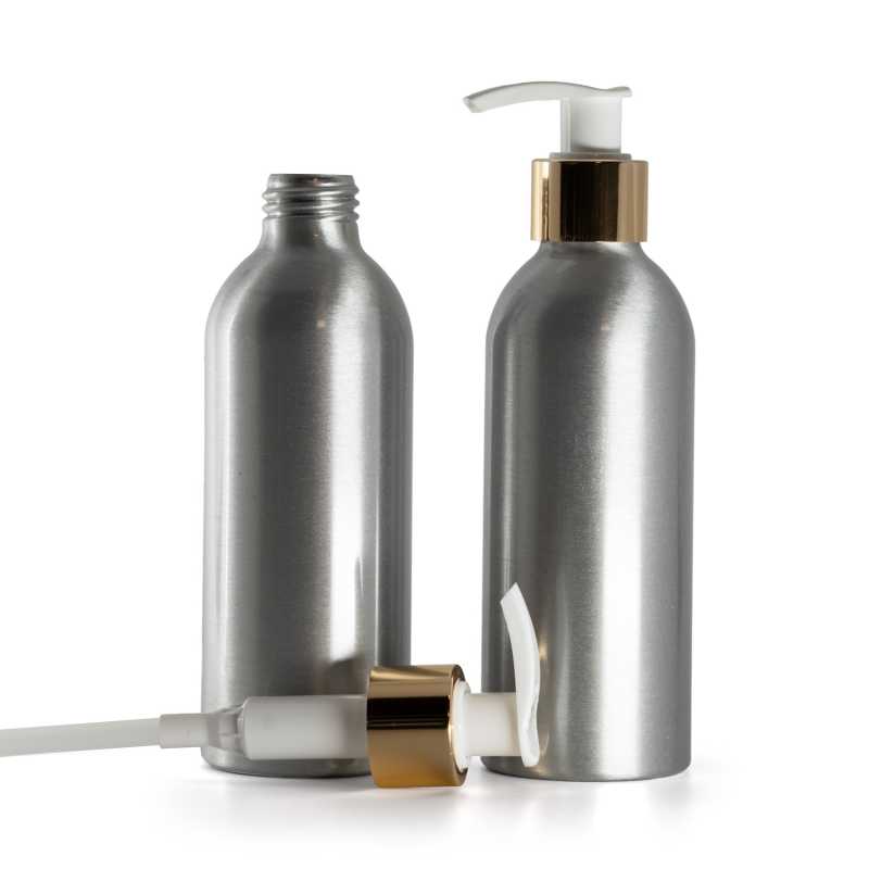 Botella de aluminio, bomba loción blanca con cuello dorado, 200 ml