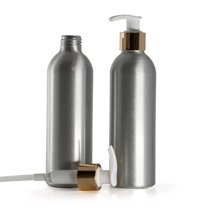 Botella de aluminio, bomba dosificadora blanca con anillo liso dorado, 225 ml