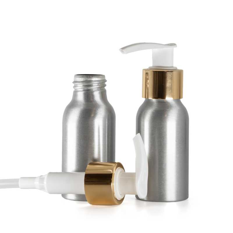 Frasco de aluminio, bomba para crema blanca con anillo liso dorado, 50 ml