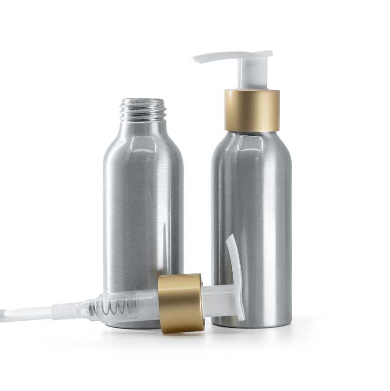 Botella de aluminio, bomba loción blanca con anillo dorado mate, 100 ml
