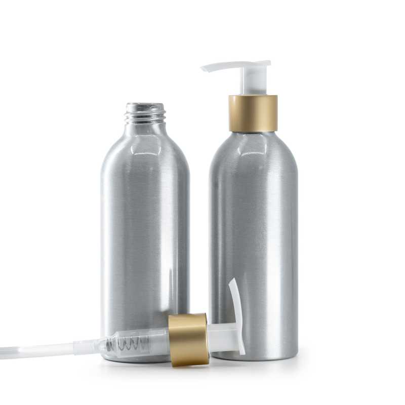 Botella de aluminio, bomba blanca con cuello dorado mate, 200 ml