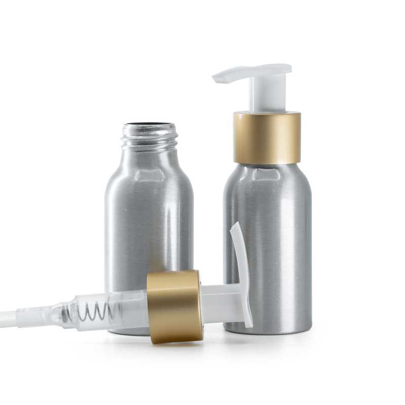 Frasco de aluminio, bomba blanca con anillo dorado mate, 50 ml