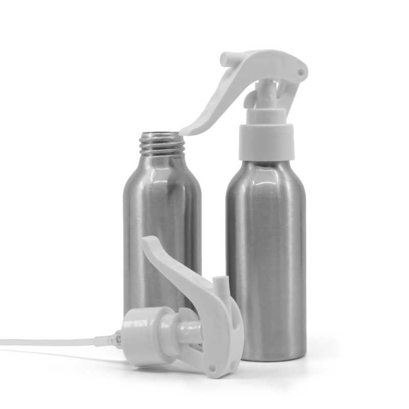 Botella de aluminio, pulverizador de gatillo blanco, 100 ml