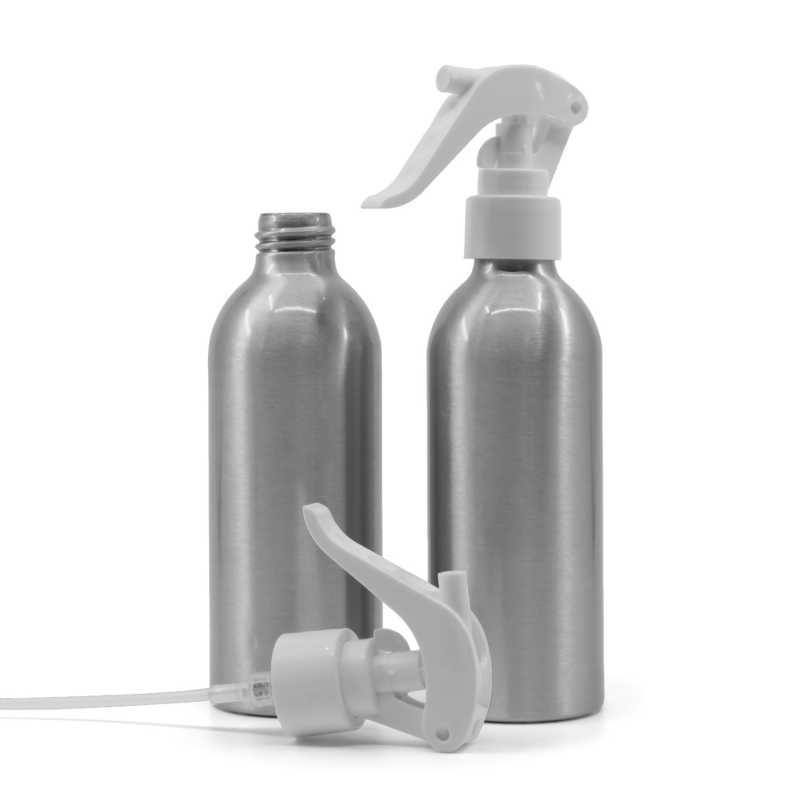 Botella de aluminio, pulverizador de gatillo blanco, 200 ml