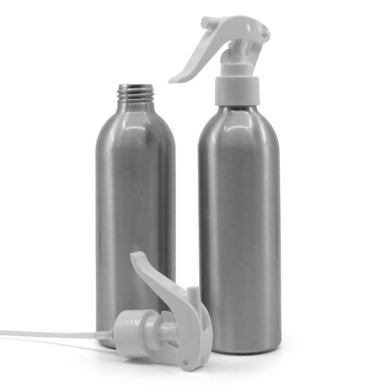 Botella de aluminio, pulverizador de gatillo blanco, 225 ml