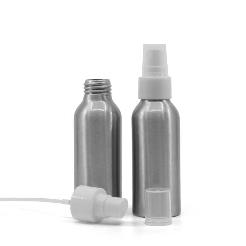 Botella de aluminio, pulverizador blanco, 100 ml