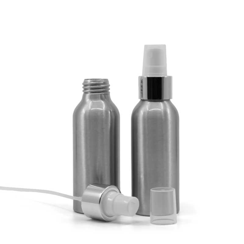 Botella de aluminio, pulverizador blanco, anillo plateado brillante, 100 ml