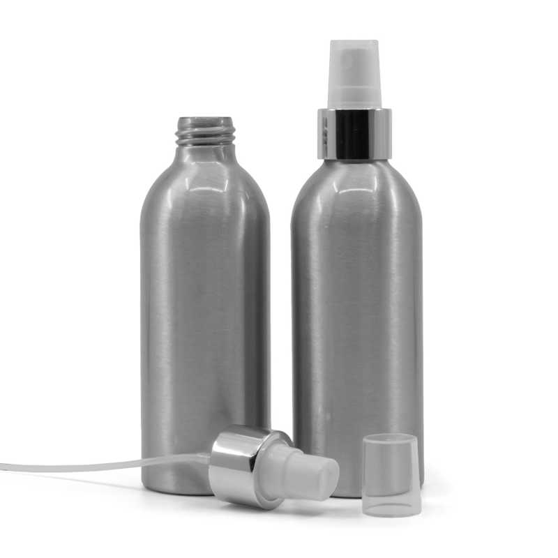 Botella de aluminio, pulverizador blanco, anillo plateado brillante, 200 ml