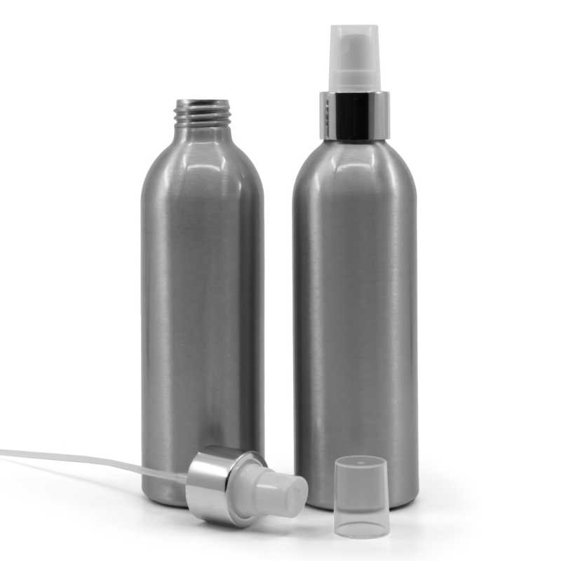 Botella de aluminio, pulverizador blanco, anillo plateado brillante, 225 ml