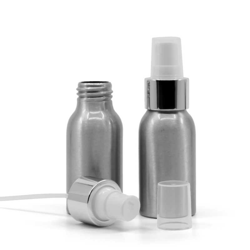 Frasco de aluminio, pulverizador blanco, anillo plateado brillante, 50 ml