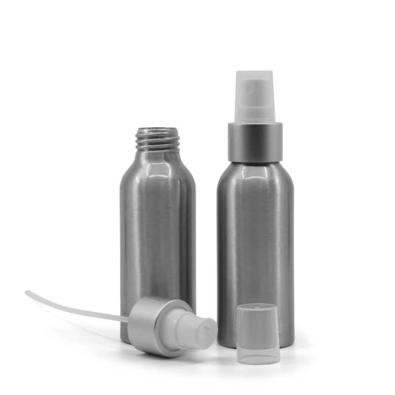 Botella de aluminio, pulverizador blanco, anillo plateado mate, 100 ml