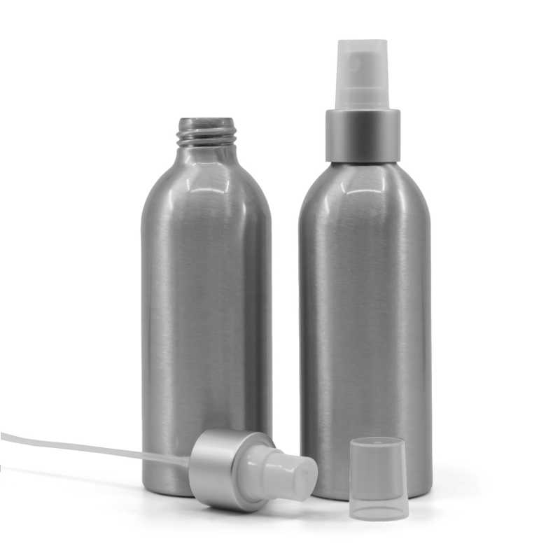 Botella de aluminio, pulverizador blanco, anillo plateado mate, 200 ml