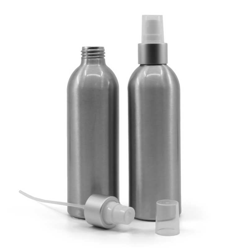 Botella de aluminio, pulverizador blanco, anillo plateado mate, 225 ml