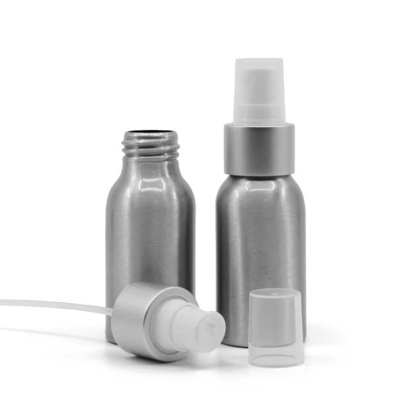 Frasco de aluminio, pulverizador blanco, anillo plateado mate, 50 ml