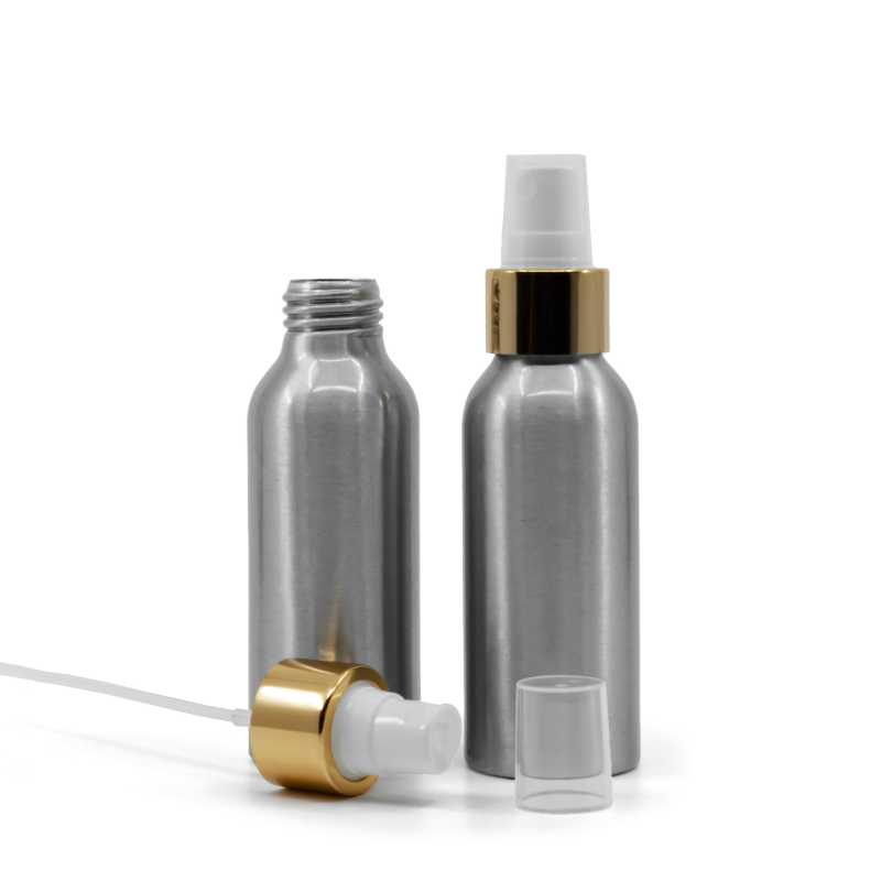 Botella de aluminio, pulverizador blanco, anillo dorado brillante, 100 ml