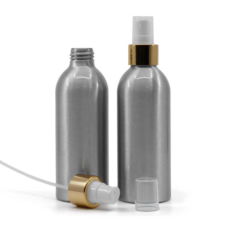 Botella de aluminio, pulverizador blanco, anillo dorado brillante, 200 ml