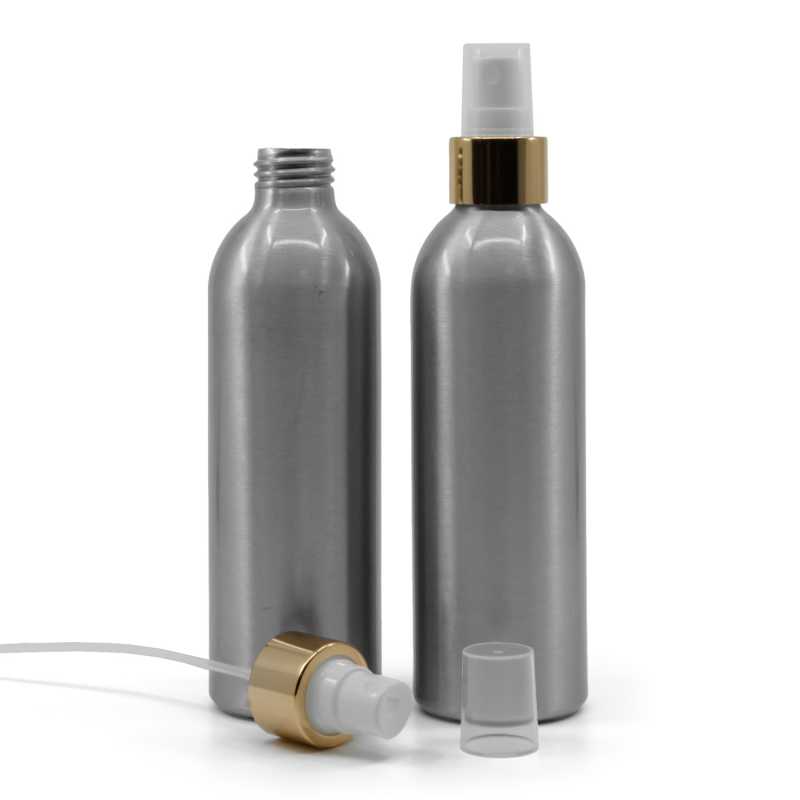Botella de aluminio, pulverizador blanco, anillo dorado brillante, 225 ml