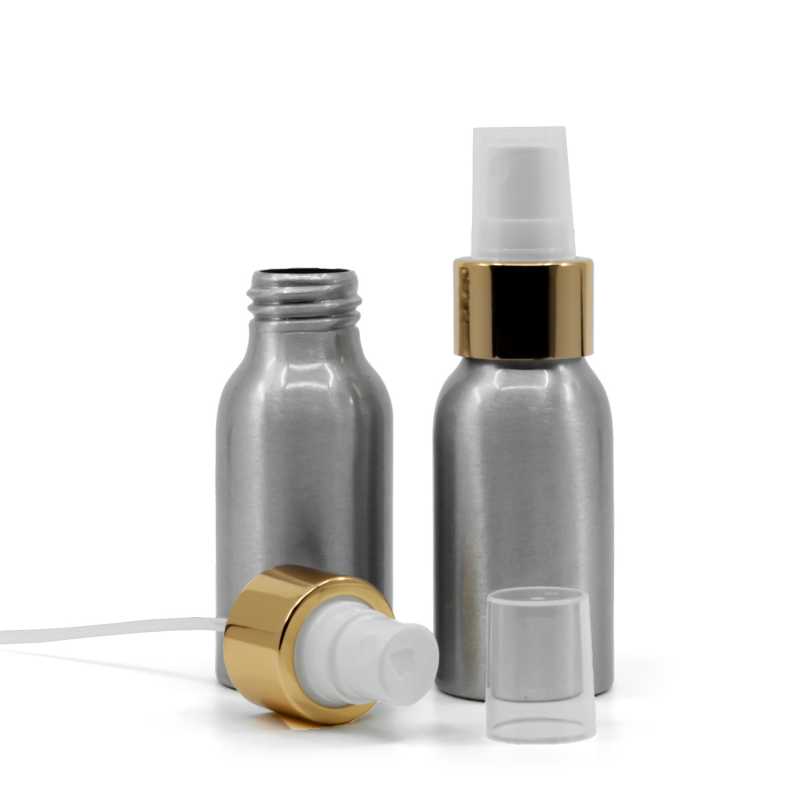 Frasco de aluminio, pulverizador blanco, anillo dorado brillante, 50 ml