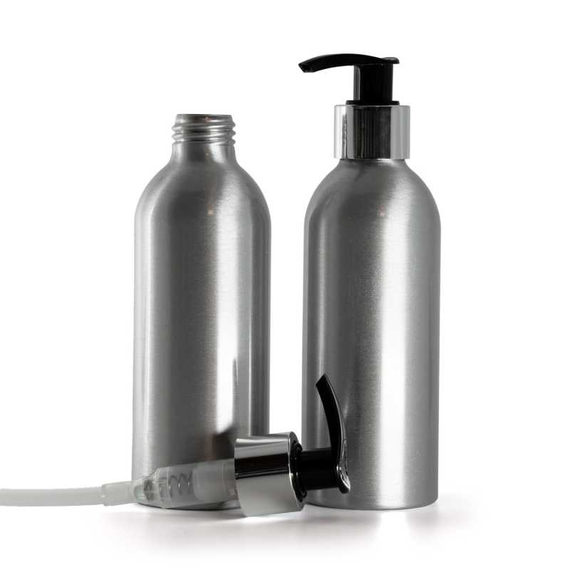 Botella de aluminio, bomba dispensadora negra, 200 ml