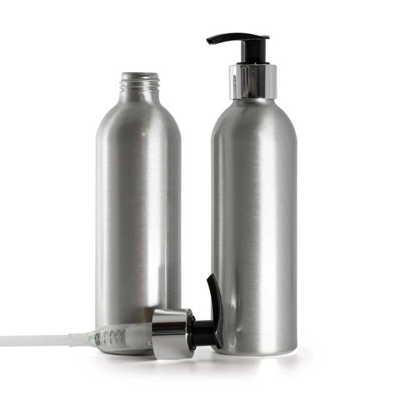 Botella de aluminio, dosificador negro y plateado, 225 ml