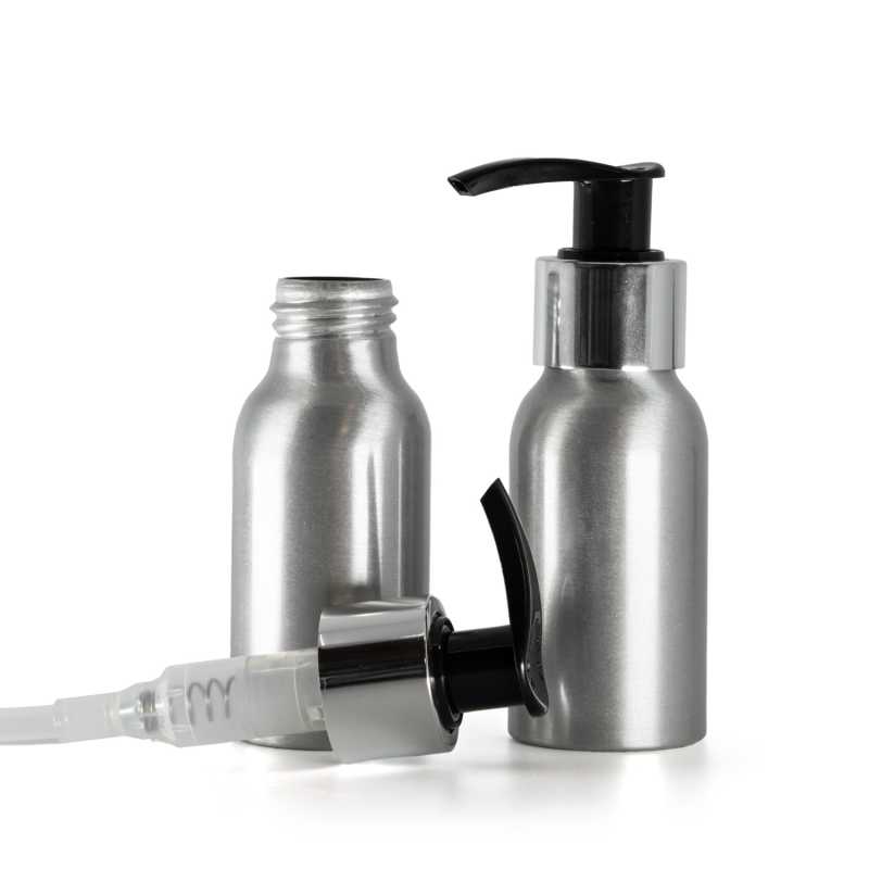 Frasco de aluminio, bomba negra, anillo liso plateado, 50 ml