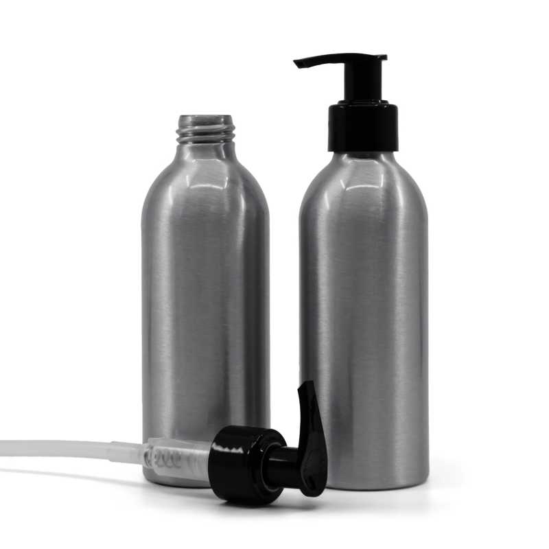 Botella de aluminio, bomba negra, 200 ml