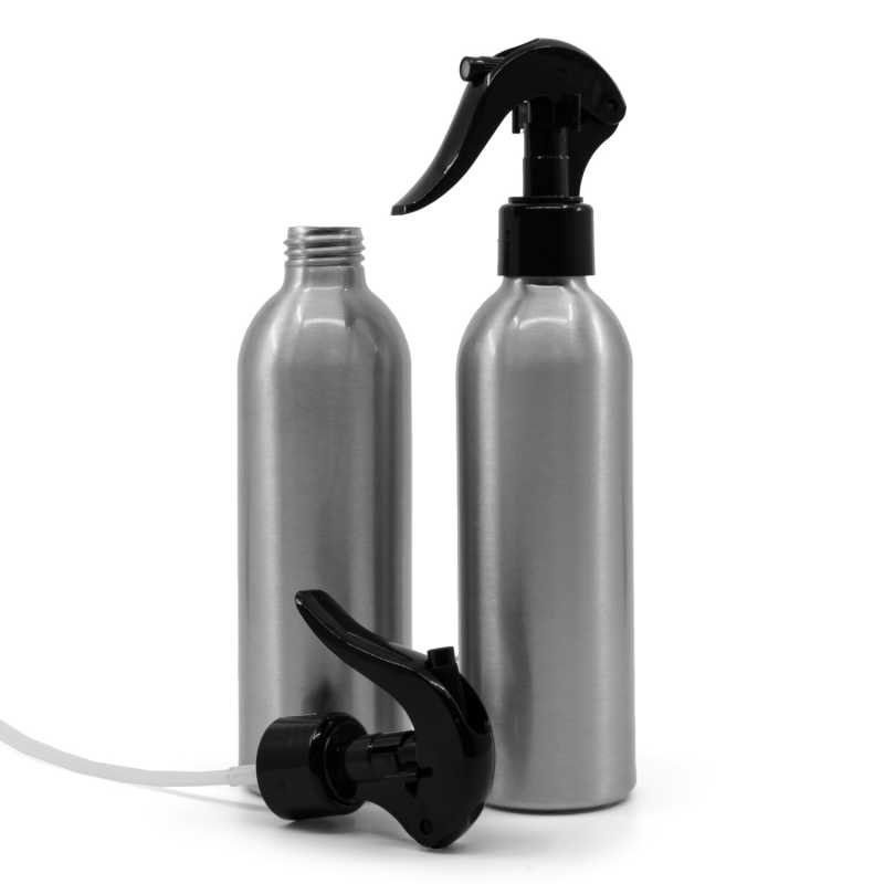 Botella de aluminio, pulverizador de gatillo negro, 225 ml