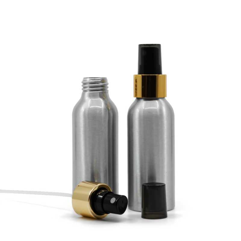Botella de aluminio, pulverizador negro, anillo dorado brillante, 100 ml