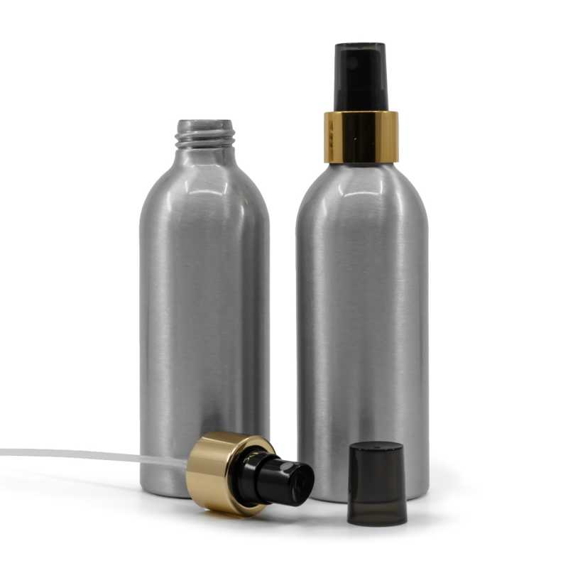 Botella de aluminio, pulverizador negro, anillo dorado brillante, 200 ml