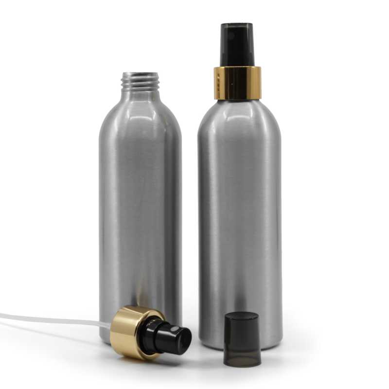 Botella de aluminio, pulverizador negro, anillo dorado brillante, 225 ml