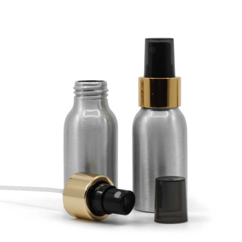 Frasco de aluminio, pulverizador negro, anillo dorado brillante, 50 ml