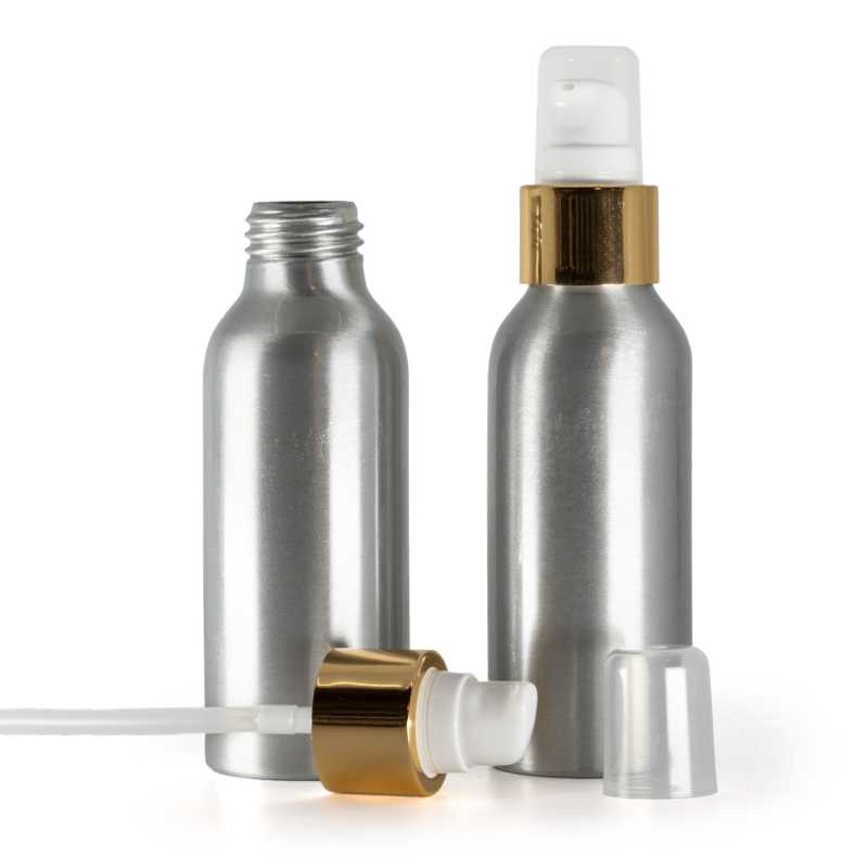 Frasco de aluminio, bomba loción blanca con sobretapa, dorado brillante, 100 ml