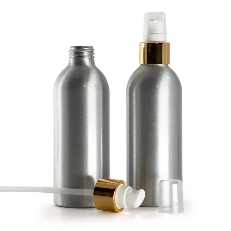 Botella de aluminio, bomba blanca con sobretapa, dorado brillante, 200 ml