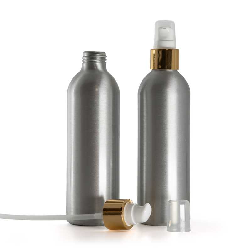 Botella de aluminio, bomba dosificadora blanca con sobretapa, dorado brillante, 225 ml