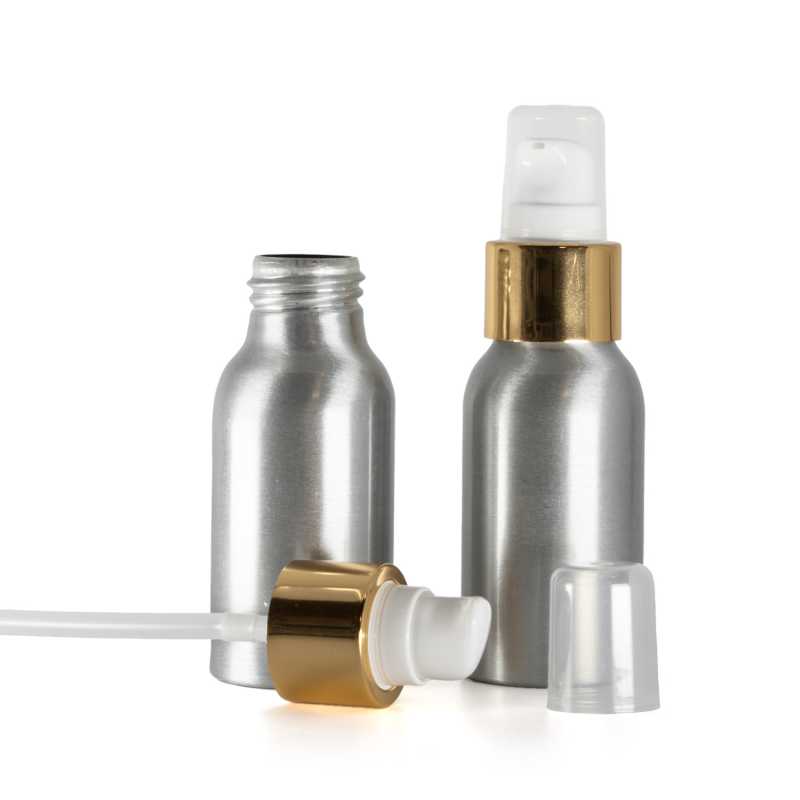 Frasco de aluminio, dispensador blanco con sobretapa, dorado brillante, 50 ml