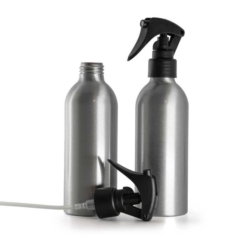 Botella de aluminio, pulverizador de gatillo negro mate, anillo liso, 200 ml