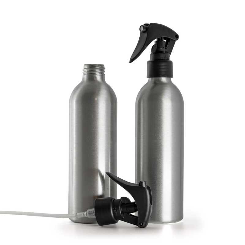 Botella de aluminio, pulverizador de gatillo negro mate, anillo liso, 225 ml