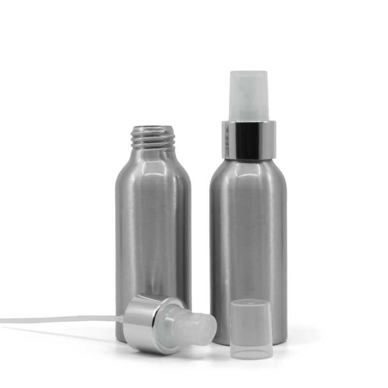 Frasco de aluminio, pulverizador transparente, anillo plateado brillante, 100 ml