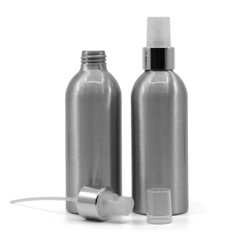 Botella de aluminio, pulverizador transparente, anillo plateado, 200 ml