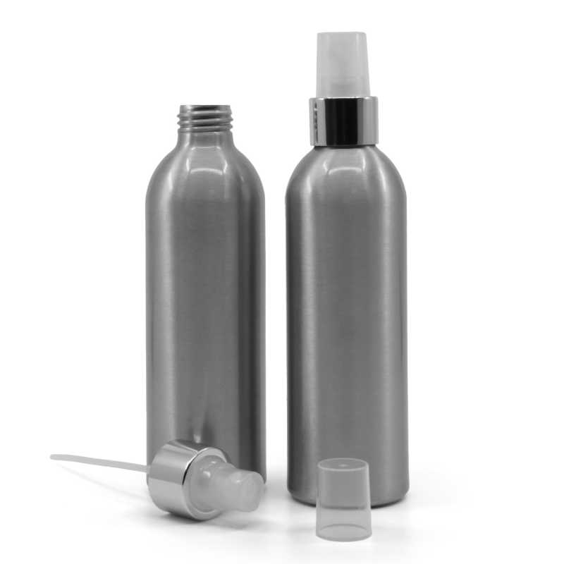 Botella de aluminio, pulverizador transparente, anillo plateado brillante, 225 ml