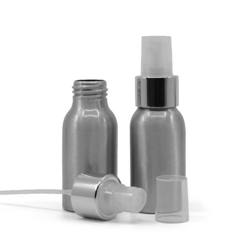 Frasco de aluminio, pulverizador transparente, anillo plateado brillante, 50 ml